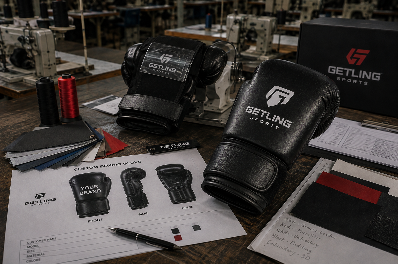 Custom boxing gloves and private label combat sports equipment manufactured by Getling Sports