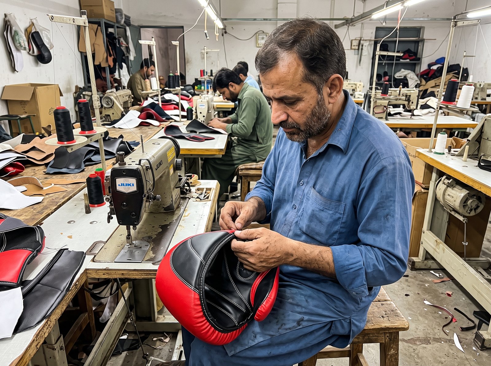 Un ouvrier pakistanais vérifie les coutures et la fabrication de gants de boxe pendant la production