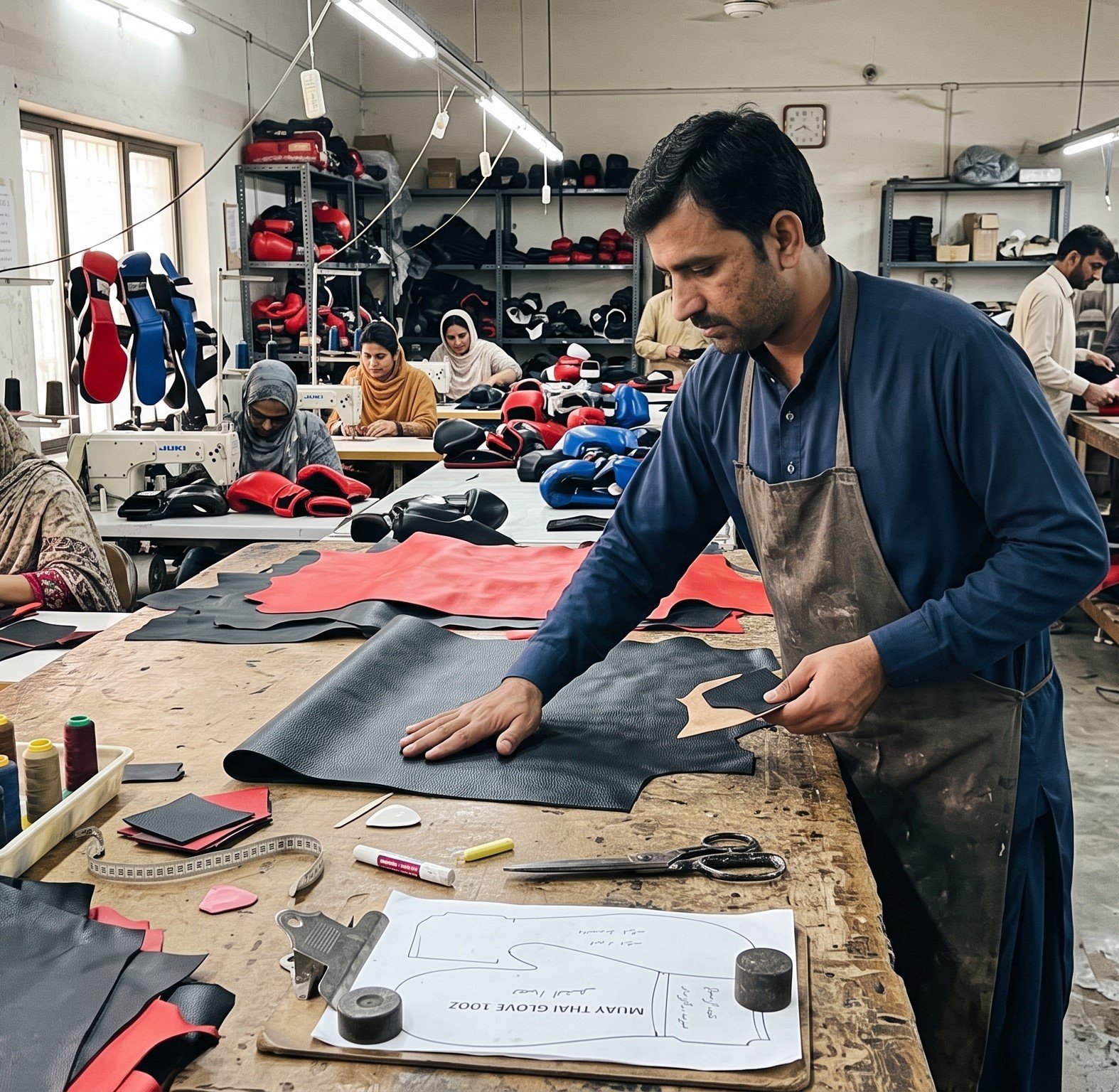 Un ouvrier pakistanais inspecte les matériaux destinés à la fabrication d'équipements de sports de combat avant la production