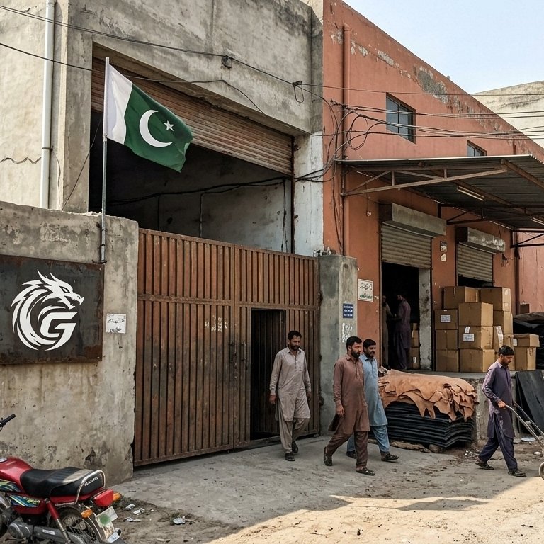 Combat sports equipment manufacturing facility exterior in Sialkot Pakistan