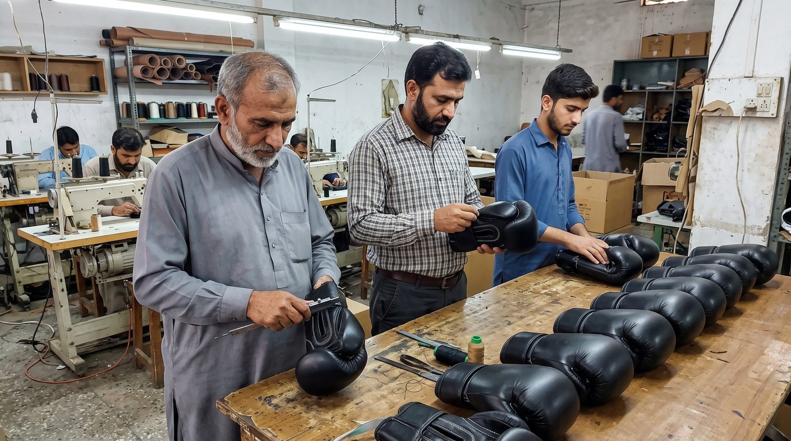 Des agents pakistanais chargés du contrôle qualité procèdent à l'inspection finale d'équipements de sports de combat avant leur expédition