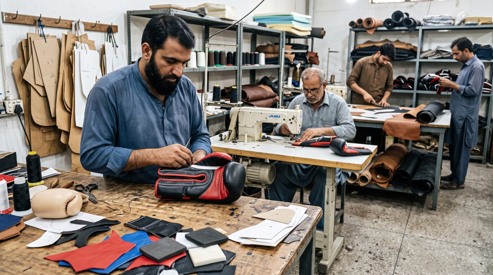 Une ouvrière cousant des équipements de sports de combat à Sialkot, au Pakistan