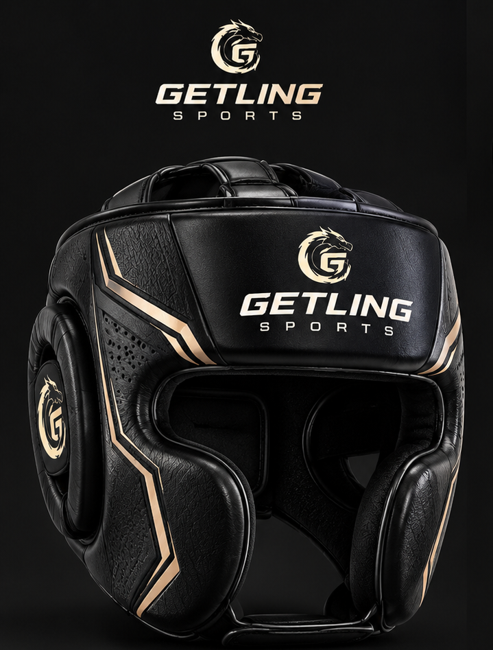 Protective gear including head guards and shin guards for combat sports